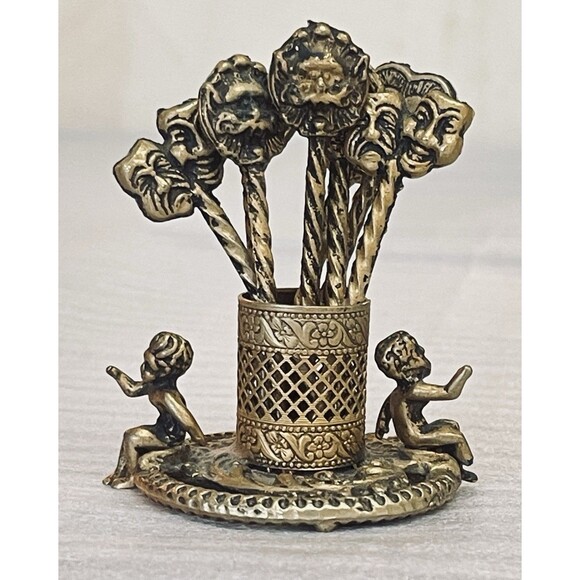 Baroque Cherub Hors D’oeuvres Pick Holder W 8 Theater Face Picks Gold Tone - Picture 1 of 12